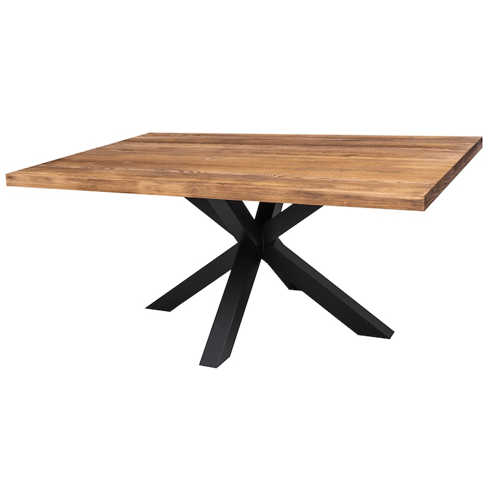 Masa dining cu picior central in X, 180 cm, culoare negru, top maro inchis, 100% lemn masiv
