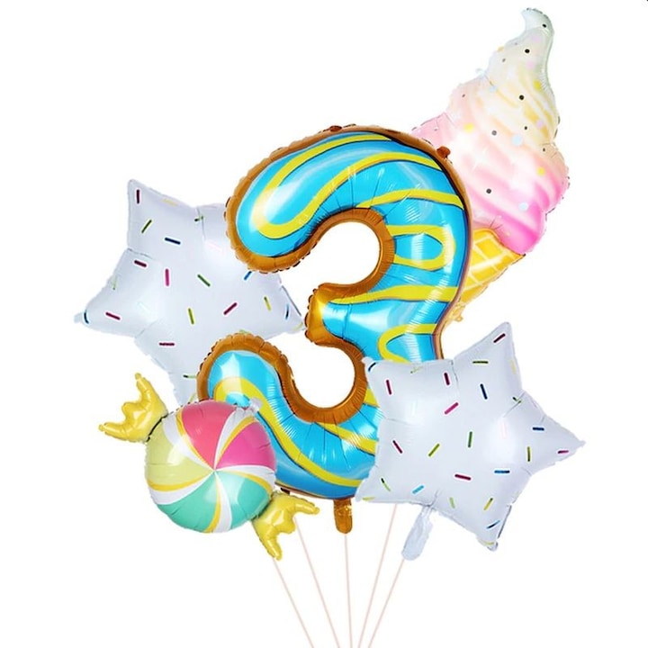 Set 5 baloane candy, balon gigant folie cifra 3, inaltime 80 cm, gogoasa, inghetata