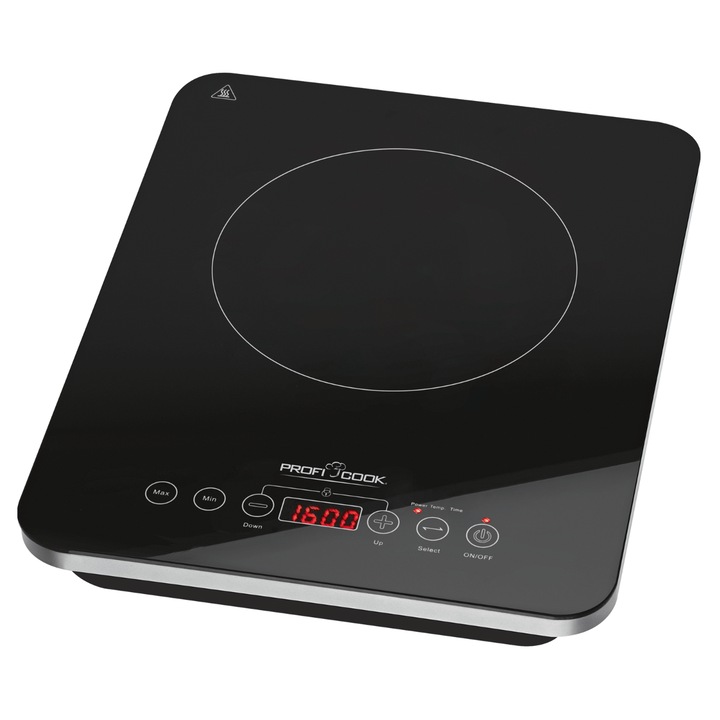Индукционен електрически котлон ProfiCook, стъклокерамика, 10 температурни нива, 10 степени на мощност, сензор за докосване, регулируема температура 60-240°C, разпознаване на съд, таймер, защита от деца, Еко функция, черен
