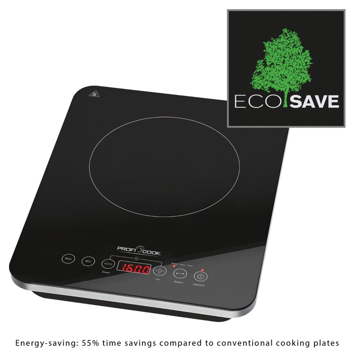 Plita electrica cu inductie ProfiCook, sticla ceramica, 10 trepte de temperatura, 10 trepte putere, senzor touch, temperatura reglabila 60-240°C, detectare vas, timer, child lock, functie Eco, negru