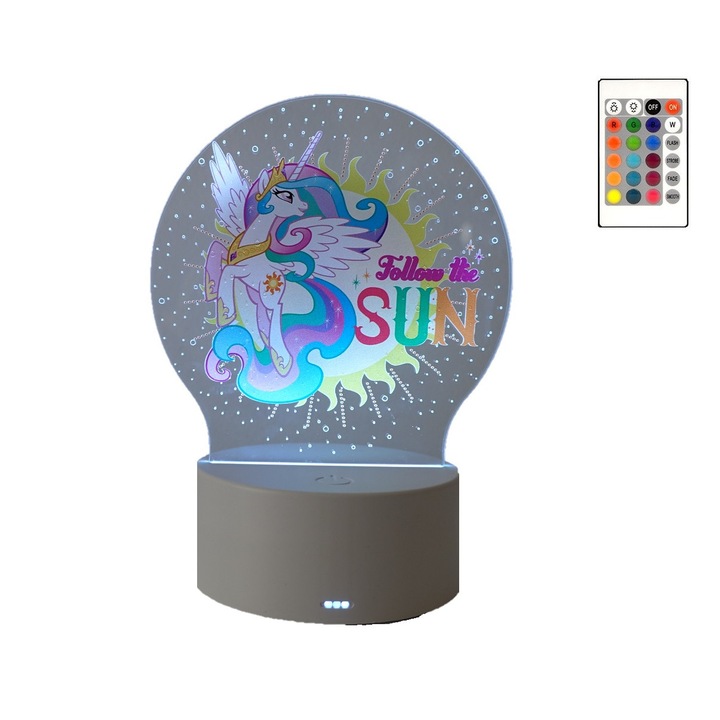 LED éjszakai fény, PONY Celestia, 16 szín, távirányítóval, USB tápegységgel vagy 3 db AA elemmel