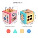Jucarie interactiva si educativa tip cub, 6in1, multifunctional, diferite jocuri, activitati, figuri geometrice, angrenaje rotative, forme de sortat, din plastic, roz, buz