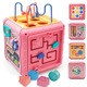 Jucarie interactiva si educativa tip cub, 6in1, multifunctional, diferite jocuri, activitati, figuri geometrice, angrenaje rotative, forme de sortat, din plastic, roz, buz