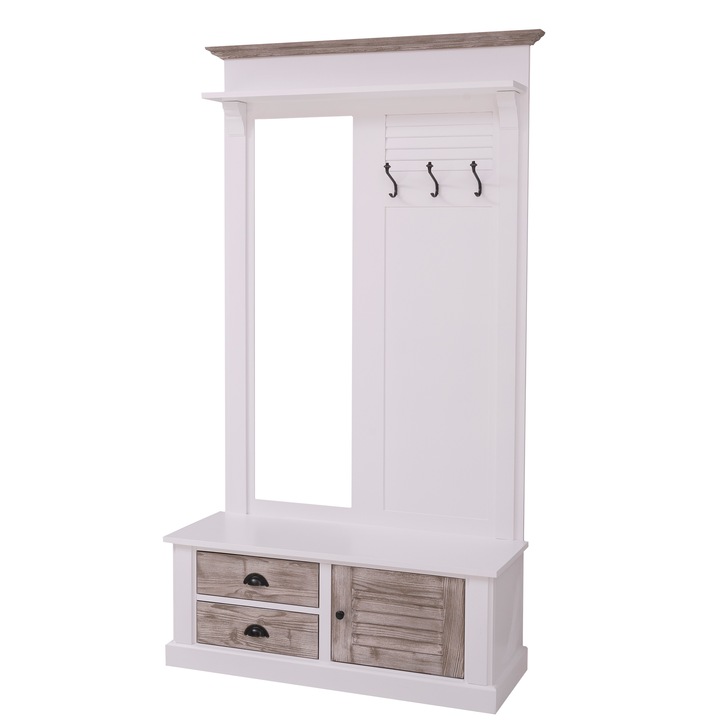 Cuier cu design Shutter cu oglinda, doua sertare, 1 usa, culoare alb, usa, sertarele si cornisa maro deschis