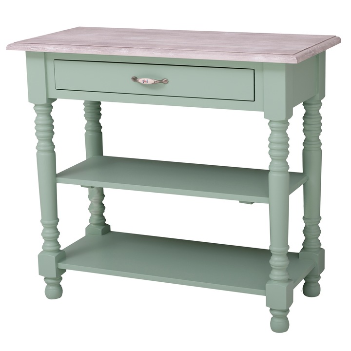 Consola de perete cu picioare strunjite, doua rafturi si un sertar, culoare verde deschis, top gri, 100x89x45