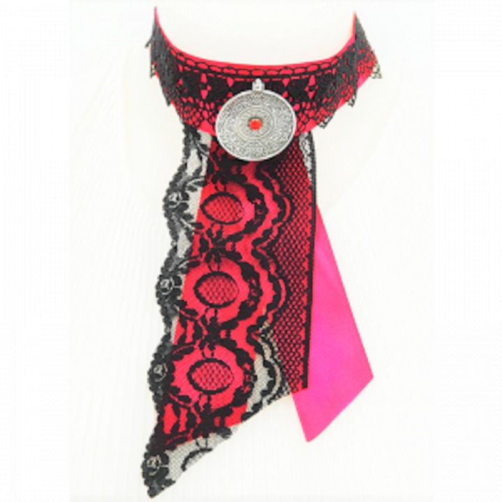 Colier Fleurs de Papillons, saten, dantela, Negru/Roz