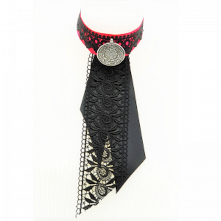 Colier Fleurs de Papillons, saten, dantela, negru, ciclam