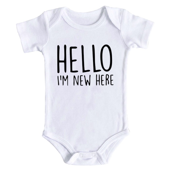 Body bebe personalizat - Hello, I am new here, alb, 100% bumbac, 3-6 luni