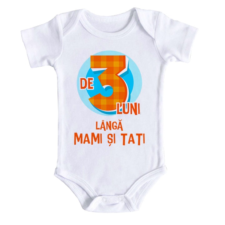 Body bebe personalizat - de 3 luni langa mami si tati, alb, 100% bumbac, 3-6 luni