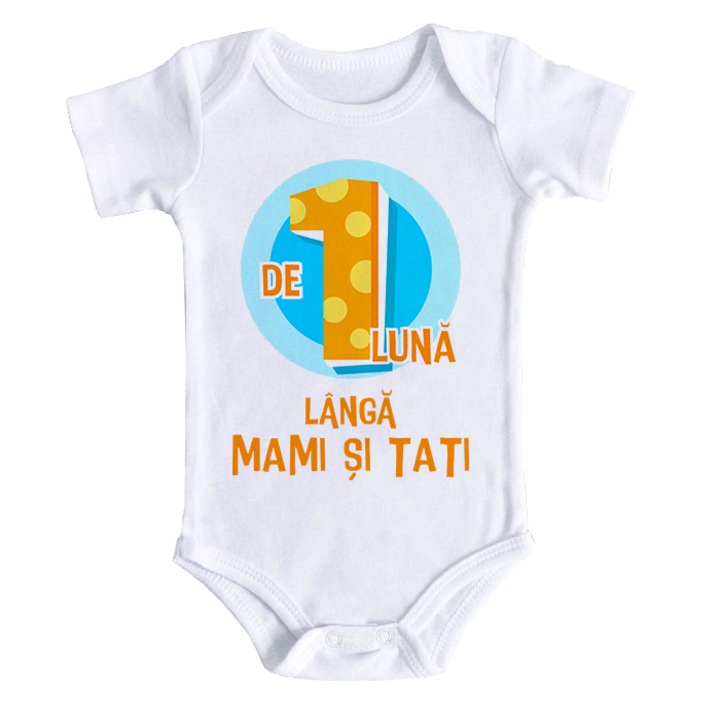 Body bebe personalizat - de 1 luna langa mami si tati, alb, 100% bumbac, 3-6 luni