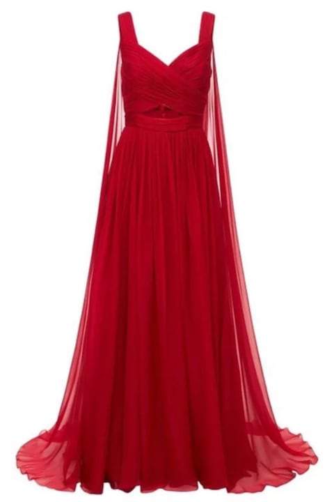 Дамска червена дълга лятна рокля, Воали, Шифон, С цепка
