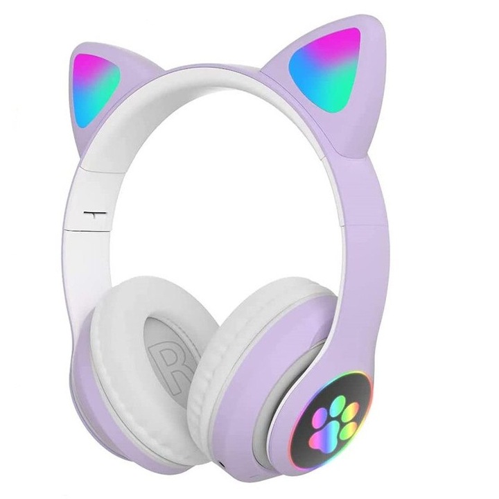 Безжични слушалки за деца Gobro, Bluetooth, модел Котешки уши, LED осветление, Лилаво