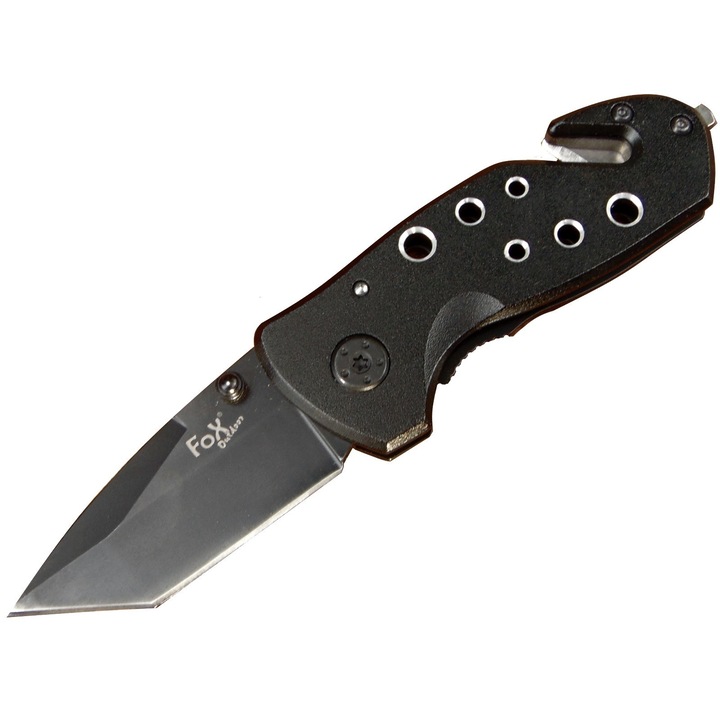 Cutit de salvare Fox, Otel inoxidabil/Aluminiu, 15.5 cm, Negru