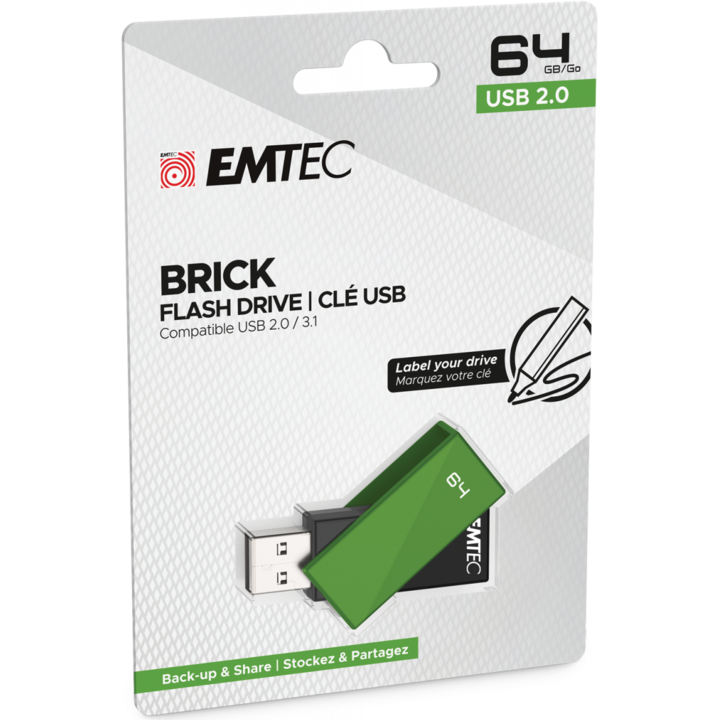 USB памет, EMTEC, C350 Brick, 64 GB, USB 2.0, зелен