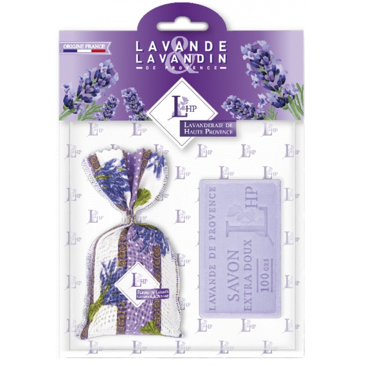 Подаръчен комплект Натурален марсилски сапун и торбичка с лавандулови цветя Лавандулов мотив LHP Lavanderaie de Haute Provence