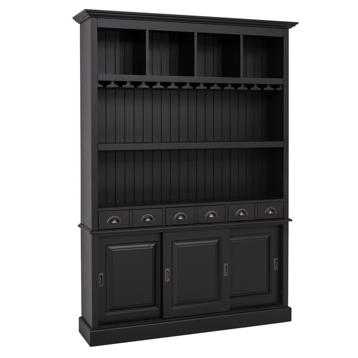 Mobila bar cu 3 usi, culoare negru, 100% lemn masiv, 151x210x36