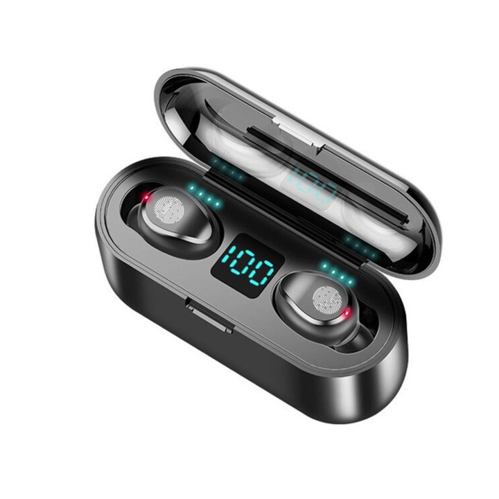 TWS F9 vezeték nélküli sztereó fejhallgató, Bluetooth 5.0, Vízálló, 1200 mAh, Fekete