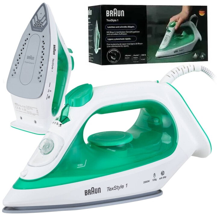 Fier de calcat cu aburi Braun TexStyle 1, 2000W, talpa SuperCeramic, Alb/Verde