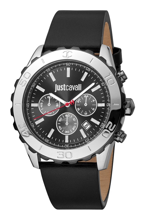 JUST CAVALLI, Иноксов часовник с хронограф и кожена каишка, Сребрист, Черен