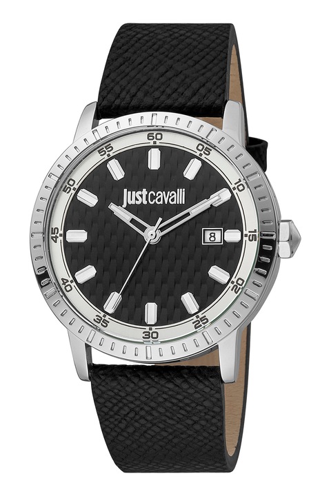 JUST CAVALLI, Часовник с кожена каишка и лого, Сребрист, Черен