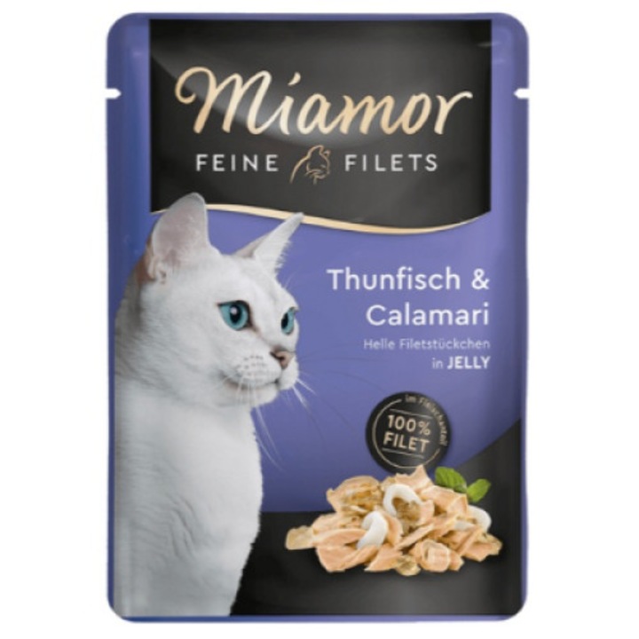 Hrana umeda pentru pisici, Miamor Feine Filets, Ton si calamar, Plic 100g