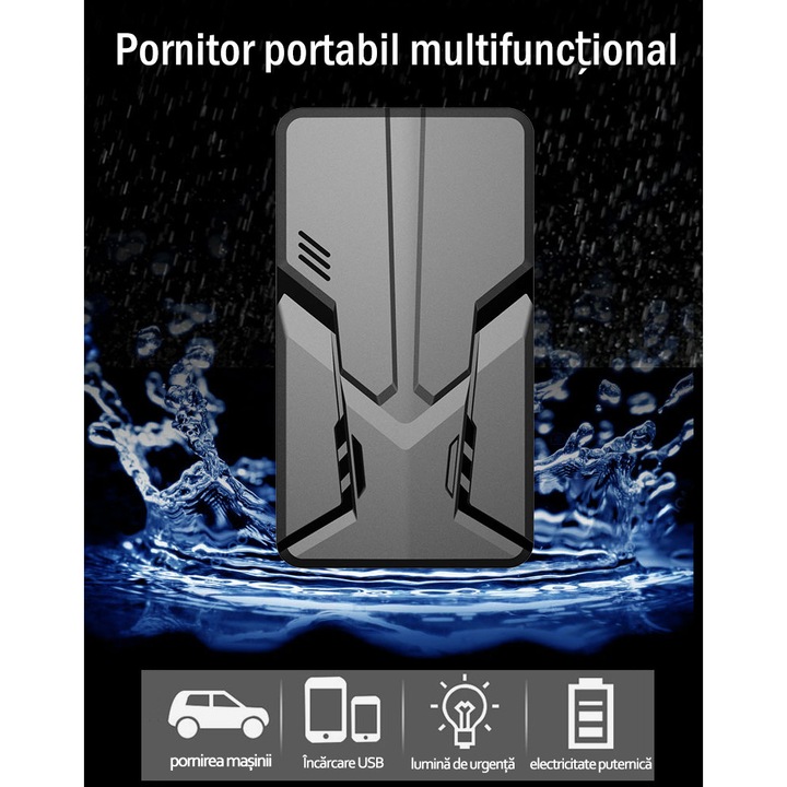 Starter auto portabil HouDeOS™, 20000 mAh, 12 V, 600 A, 3 moduri de lumina LED, Cablu USB, 14x6x2 cm, Negru