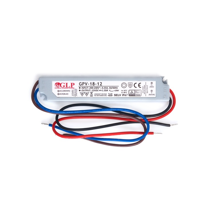 Sursa de alimentare LED GLP, 18W, 12V, 1.5A, IP67, Gri