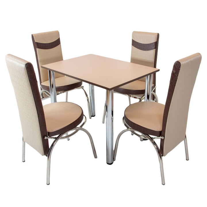 Set masa cu 4 scaune Venetia bej-maro, DENVER, blat pal cappuccino, cant abs maro, forma dreptunghiulara, 90x64x73 cm