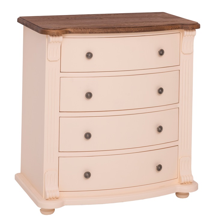 Comoda cu 4 sertare curbate, blat stejar, colectia directoire, vopsit, culoare crem, top maro, 100% lemn masiv