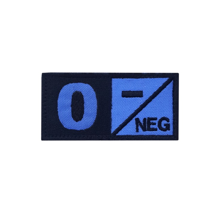 Emblema brodata grupa sanguina 0 negativ, bleu, cu velcro aplicat, 7x3.5 cm