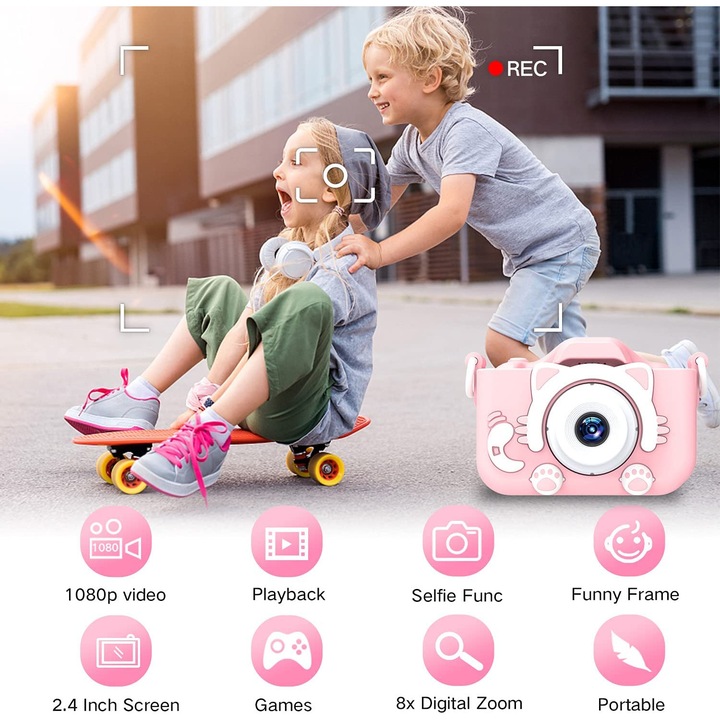 Aparat foto copii, Silicon, HD/IPS, 32GB, Incarcare USB, 3-12 ani, Roz