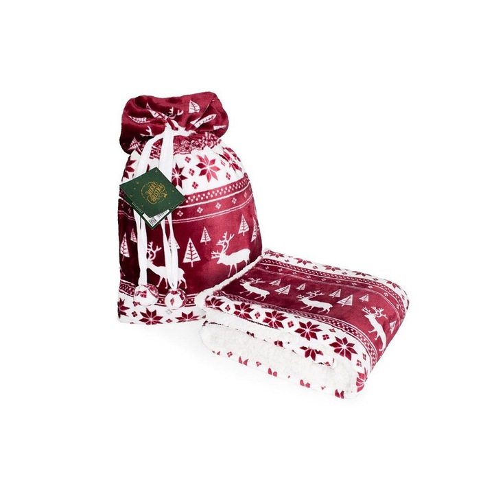 Karácsonyi takaró 127x152 bordó mintás, Sherpa Saco 004 táskában