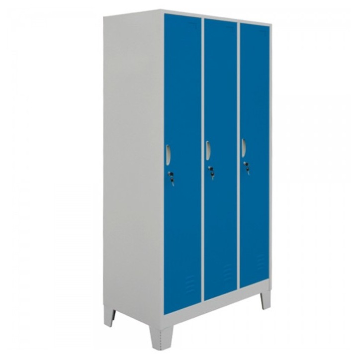 Vestiar metalic cu picioare si 3 usi albastre 900x500x1920 mm, asamblat, Plus
