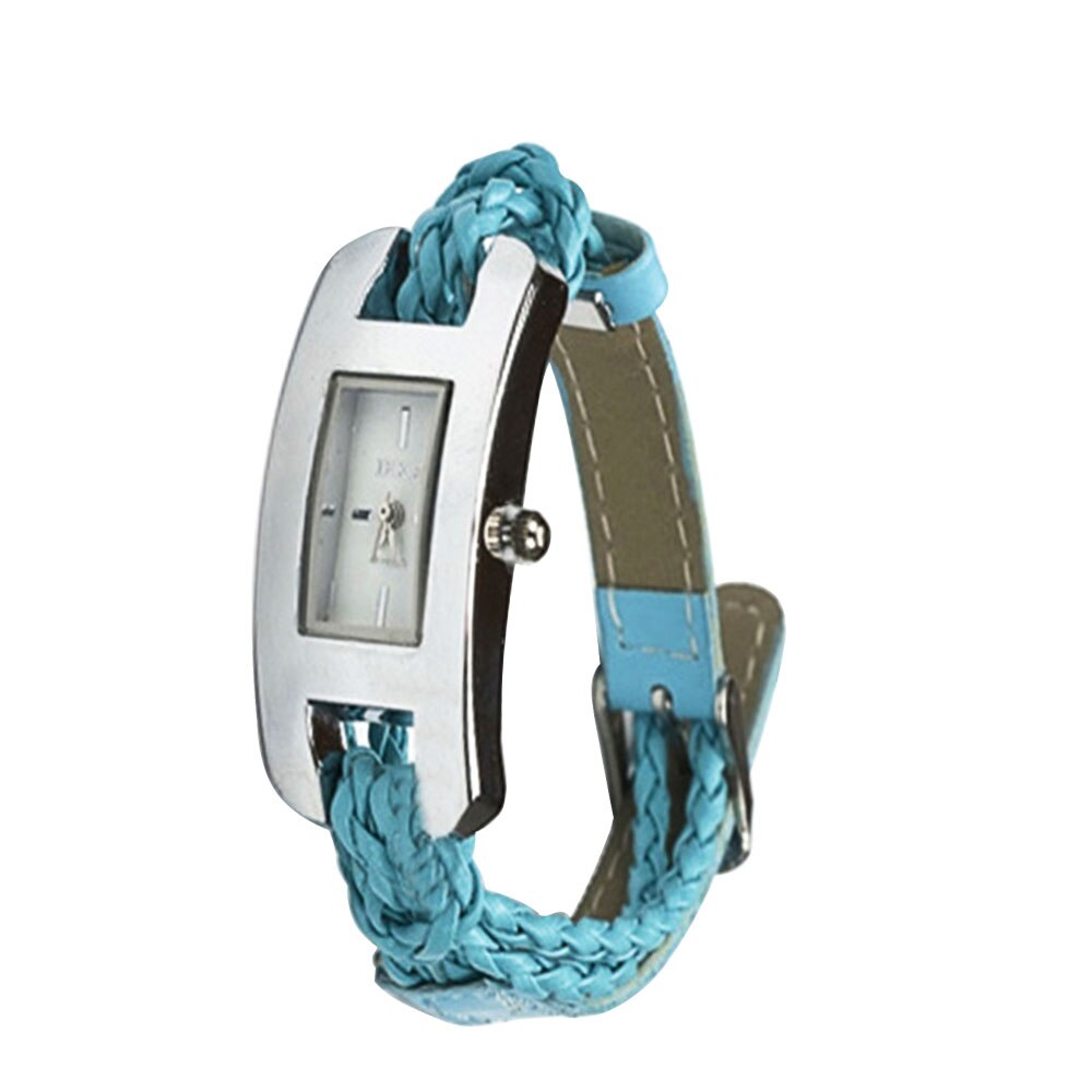 Ceas ZZV dreptunghiular tip bratara cu curea de piele bleu deschis impletita