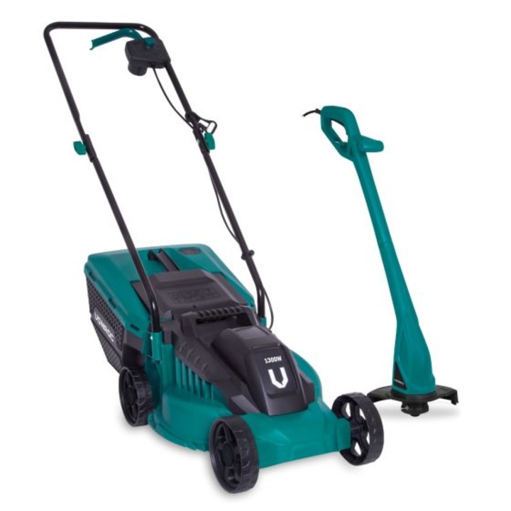 Elektromos fűnyíró készlet, VONROC, S_LM502AC, 1300W fűnyíró és 300W trimmer, 32 cm vágásszélesség, 30 liter fűgyűjtő kosár, 3 állítható vágási magasságok, biztonsági kapcsolo, állítható fogantyú