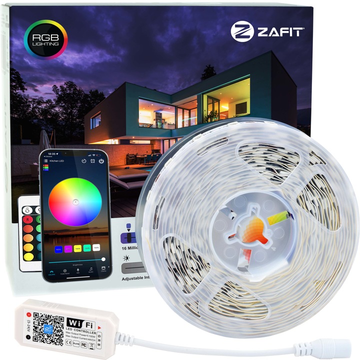 RGB LED лента ZAFIT™ 5 метра, интериор IP20, лепило, Wi-Fi, приложение за телефон, дистанционно управление, музикален режим, таймер, микрофон, регулируем интензитет на светлината