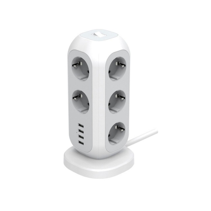 Вертикален удължител, 11 гнезда, 4 x USB, превключвател, защита от пренапрежение, 1,8 м, бял