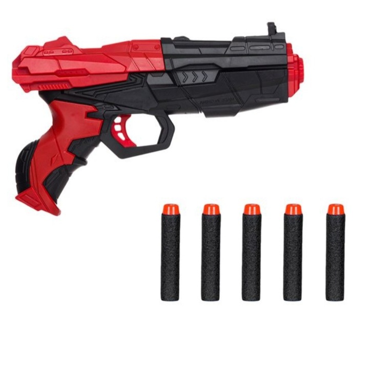 Pistol cu gloante de spuma, 5 gloante, rosu/negru, 22x4,5x20 cm