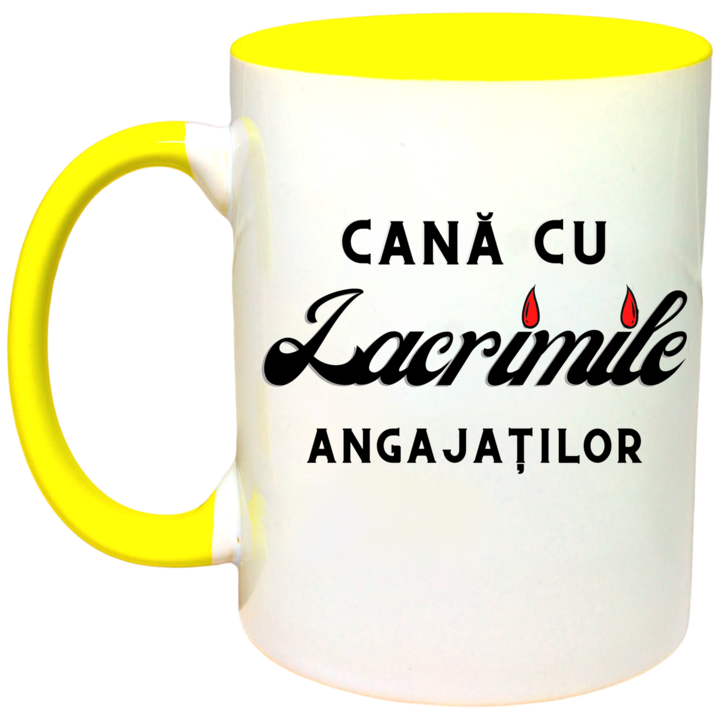 Cana personalizata cu interior galben, "Cana cu lacrimile angajatilor", 330 ml
