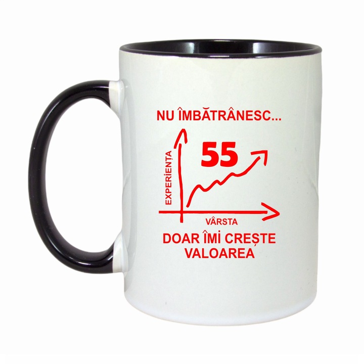 Cana personalizata cu interior negru, "Nu imbatranesc doar imi creste valoarea, 55 ani", 330ml