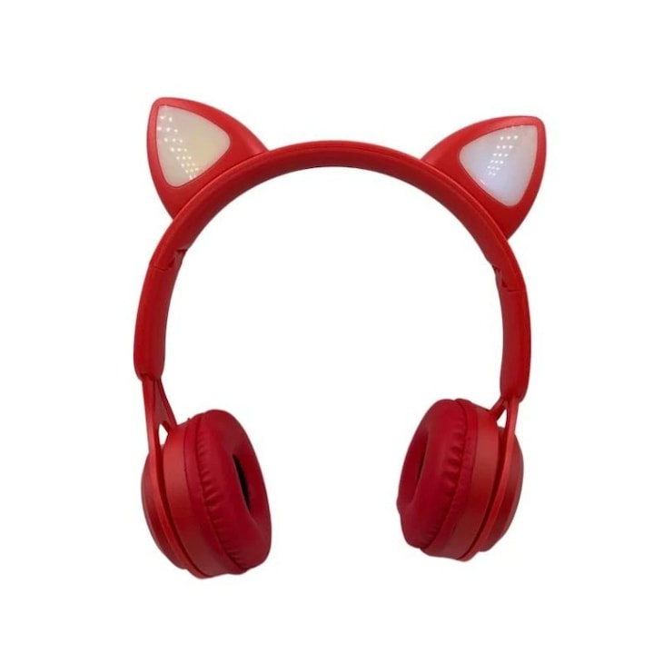 Безжични слушалки модел Y08 Котешки уши, с LED функции, микрофон, FM радио, слот за SD карта, батерия, USB зареждане, Стерео, Bluetooth 5.0, сгъваеми, Червен цвят