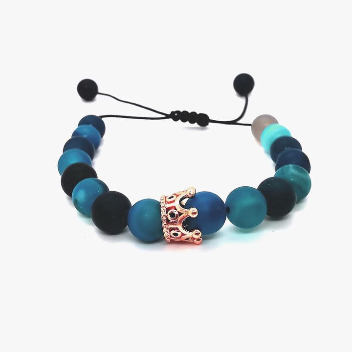 Bratara din agat albastru, reglabila cu pandantiv coroana roz gold