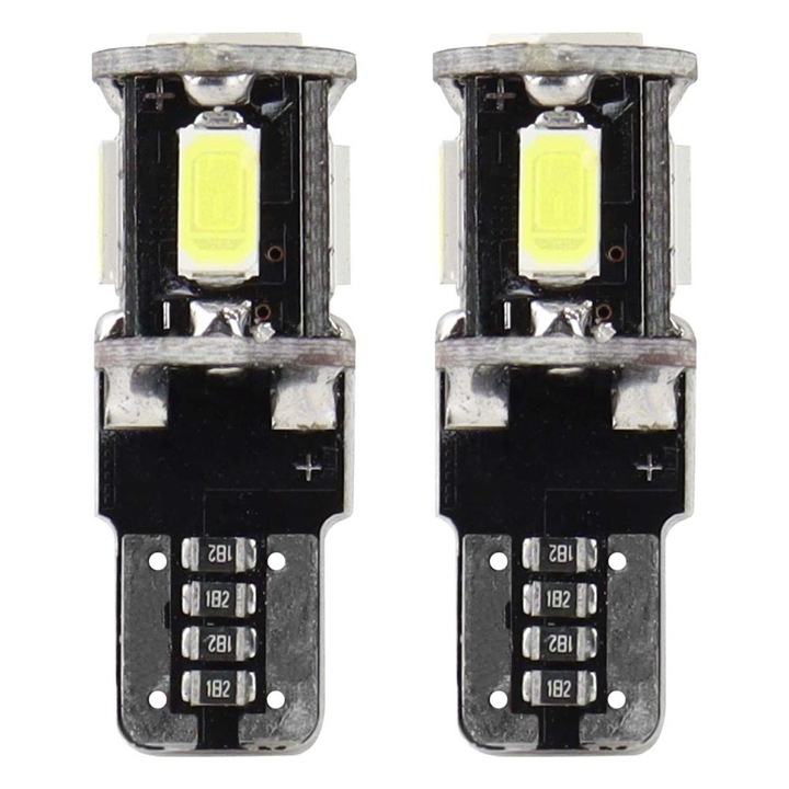 Комплект диодни крушки, Amio 01628, LED, Canbus, 5SMD 5730, T10, (W5W), Бял, 2 броя
