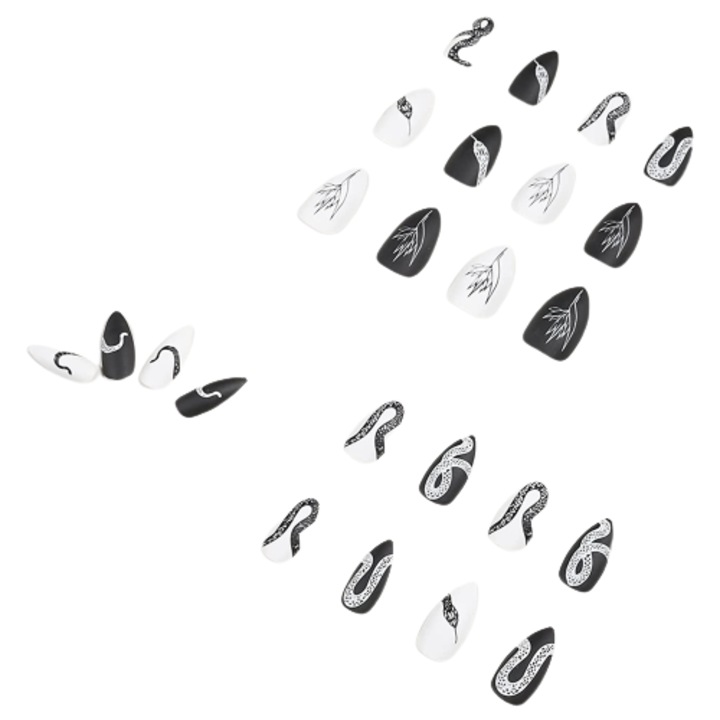 Комплект от 24 изкуствени нокти за пресоване, ABS, тип Stiletto, лепила, бяло/черно, 32#