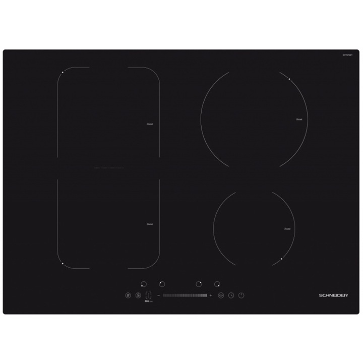 Индукционен плот за вграждане Schneider SCTI7474SF1, 7400 W, 4 зони, 9 степени, Заключване на управлението, Черен