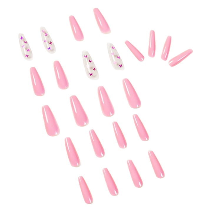 Комплект от 24 изкуствени нокти за притискане, ABS, тип балерина, лепила, розови/прозрачни, 36#
