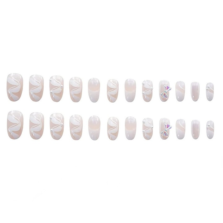 Комплект от 24 изкуствени нокти, ABS, Бял/Розов