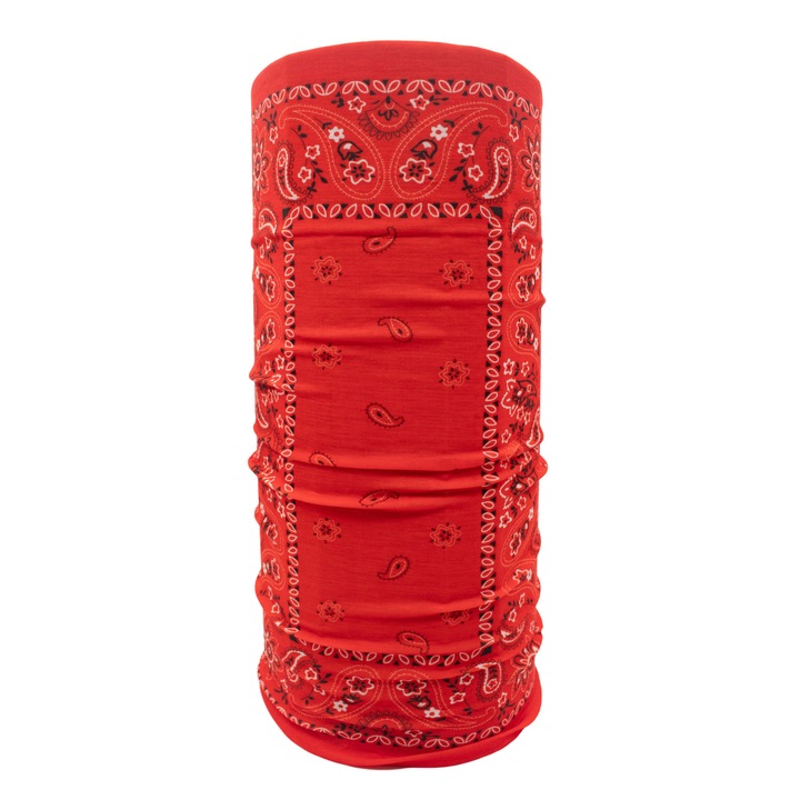 Bandana 08, poliester, material elastic, universala, tip burlan, 50x25cm, rosu, model chenar flori