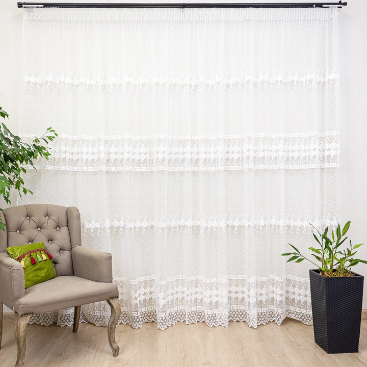 Perdea nesifonabila, brodata Hiko Garden13 alba 500x245cm, cu rejansa