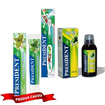 Pachet Promo igiena orala President copii +12 ani: Gratuit Pasta de dinti aroma Menta 50ml + Apa de gura aroma de Lime 250ml + periuta de dinti copii +12 ani perii Medii Pachet Promo igiena orala President copii +12 ani: Gratuit Pasta de dinti aroma Menta 50ml + Apa de gura aroma de Lime 250ml + periuta de dinti copii +12 ani perii Medii